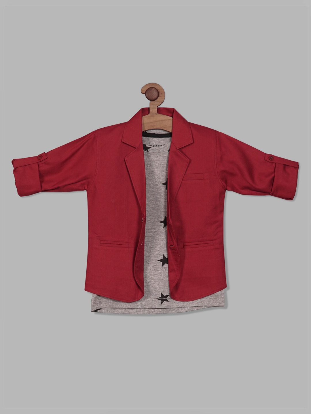 

RIKIDOOS Boys Self design Cotton Tailored-Fit Blazer With Printed T-shirt, Maroon