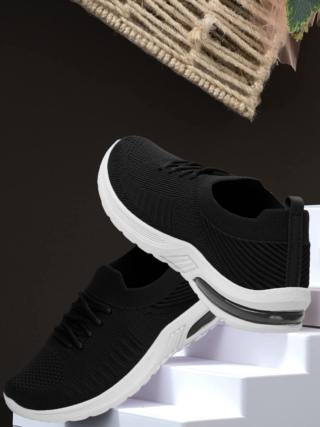 

RINDAS Women Woven Design Lightweight Sneakers, Black