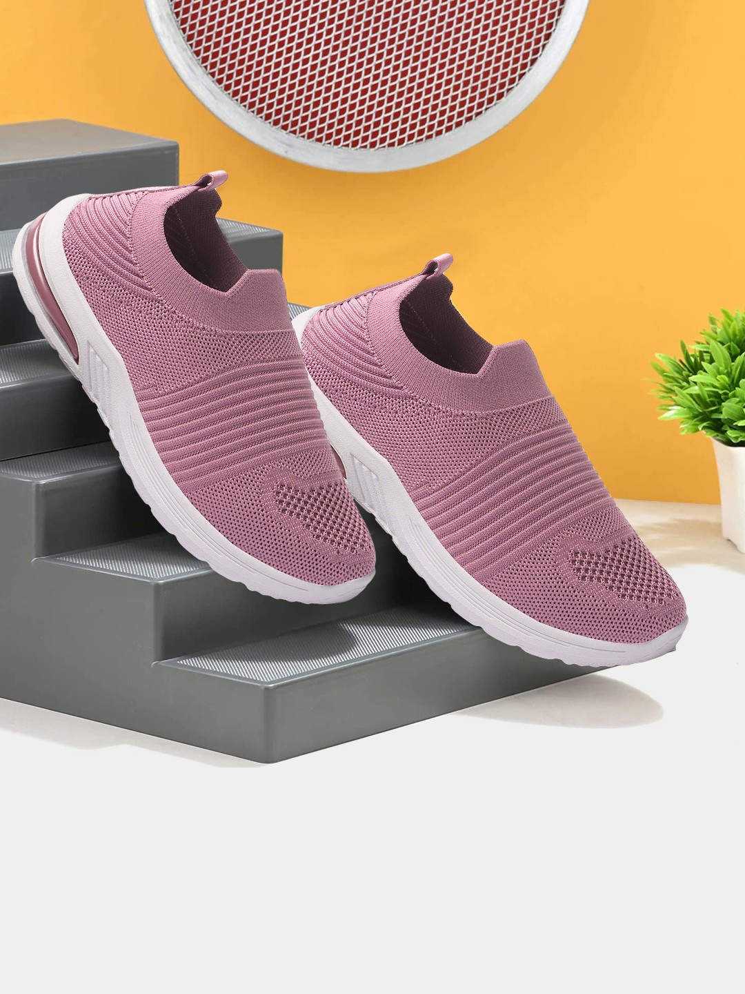 

RINDAS Women Woven Design Comfort Insole Lightweight Contrast Sole Slip-On Sneakers, Mauve