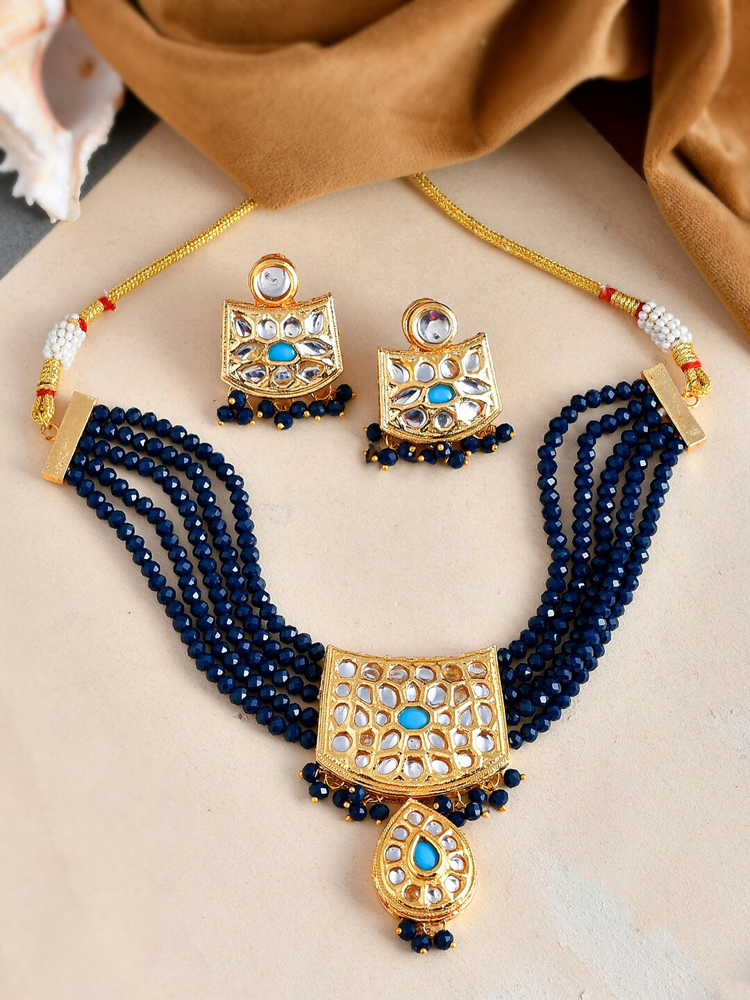 

Silvermerc Designs Gold-Plated Artificial Stone-Studded & Beaded Jewellery Set