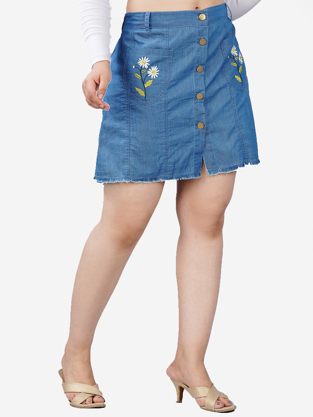 

SUMAVI-FASHION Floral Embroidered Denim A-Line Mini Skirts, Blue