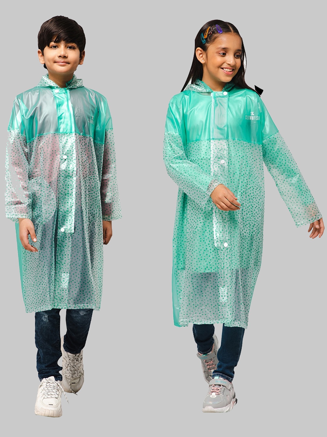 

THE CLOWNFISH Misty Magic Kids Hooded PVC Longline Rainsuit, Green