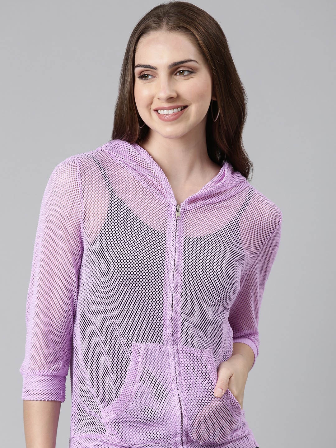 

SHOWOFF Women Sheer Hooded Open Front Jacket, Lavender