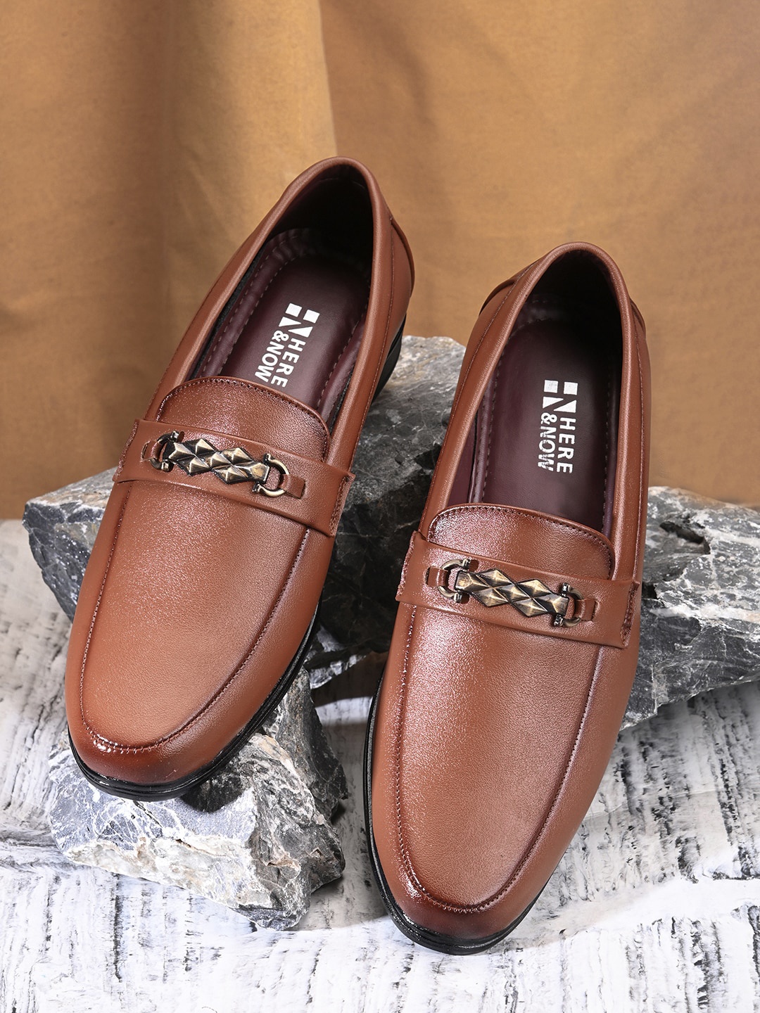 HERE&NOW Men Tan Leather Slip-On Formal Loafers