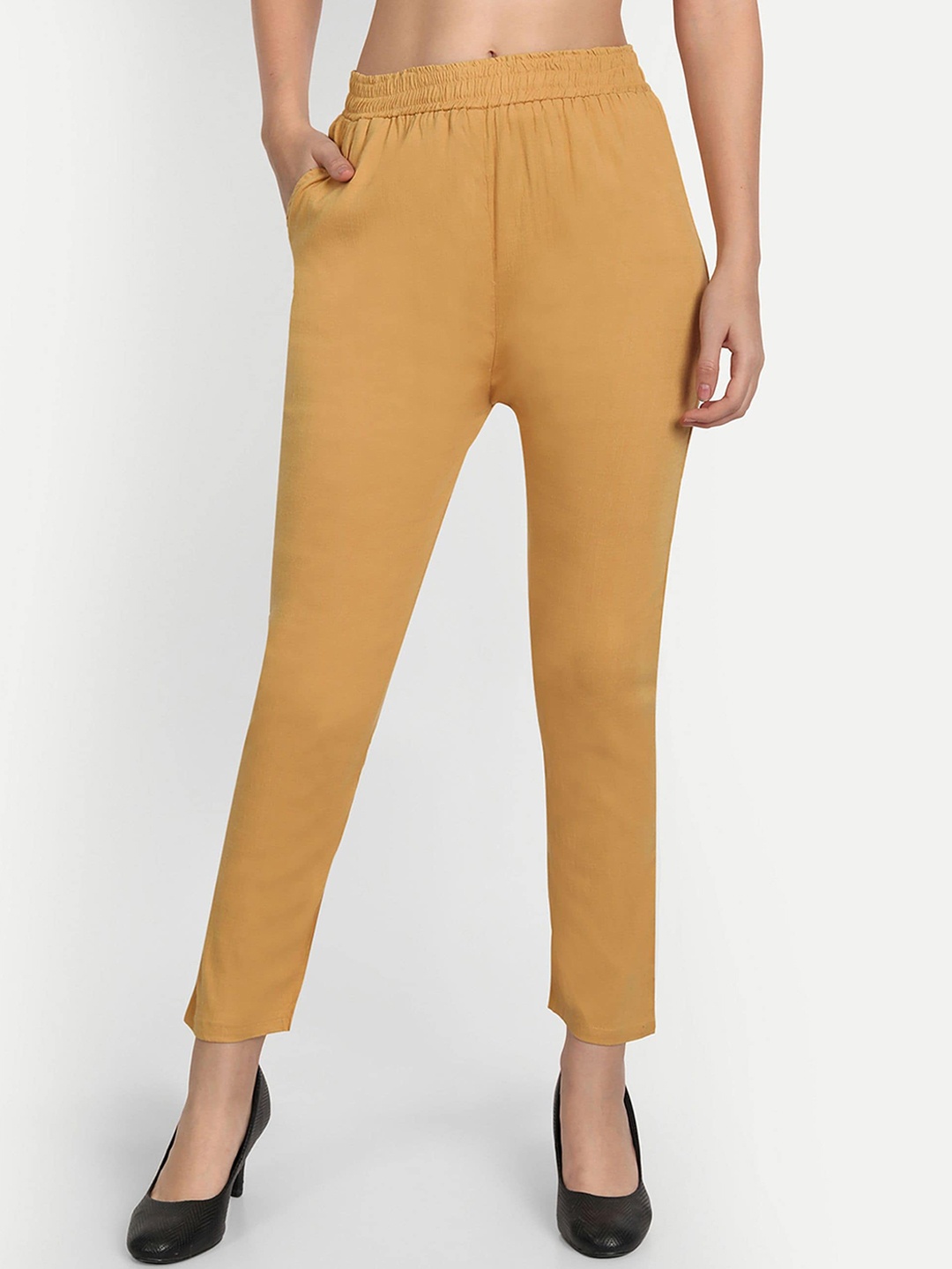 

BCZ Style Women Comfort Slim Fit Cigarette Trousers, Mustard