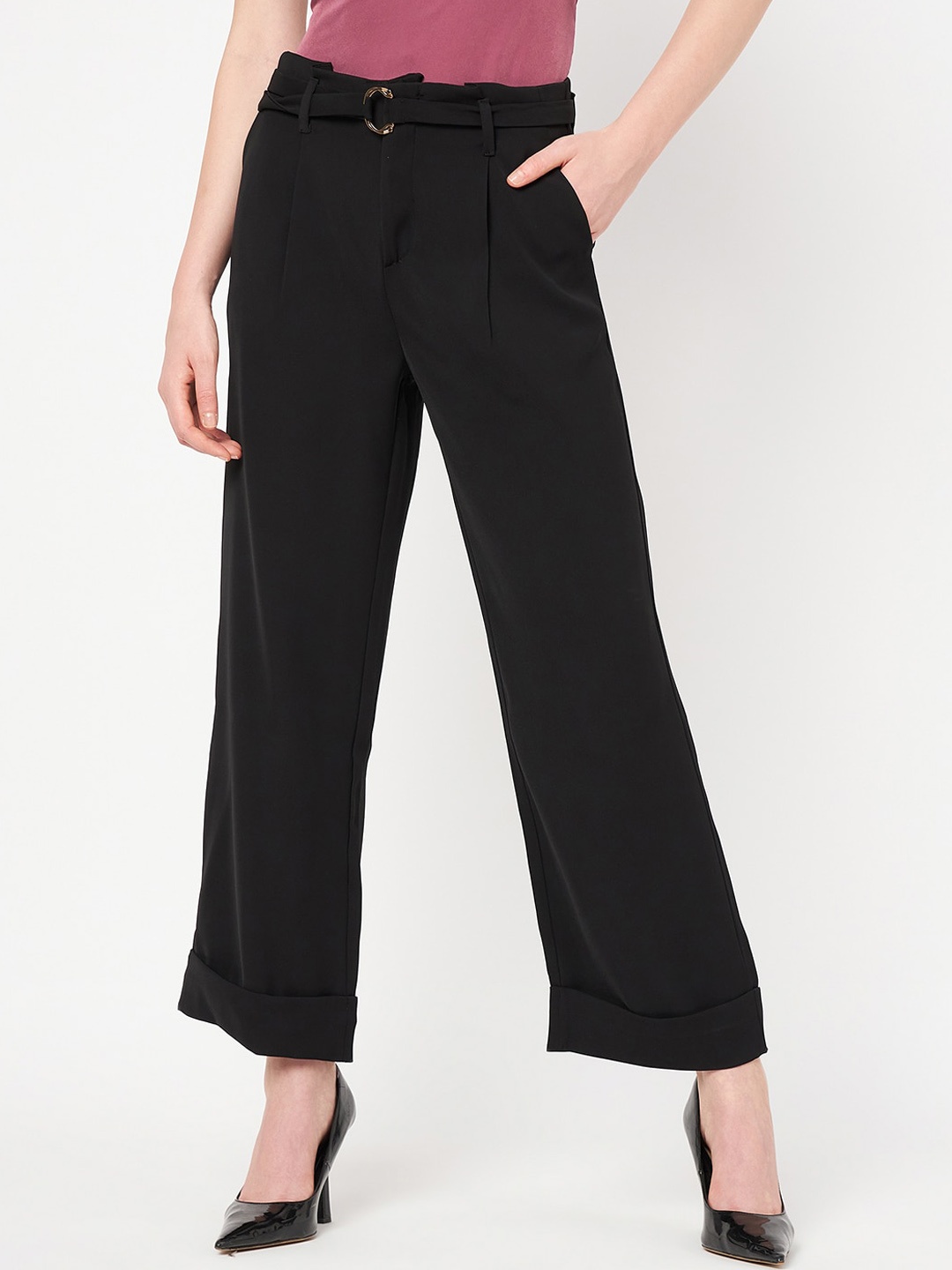 

Madame Women Pleated Cotton Trousers, Black