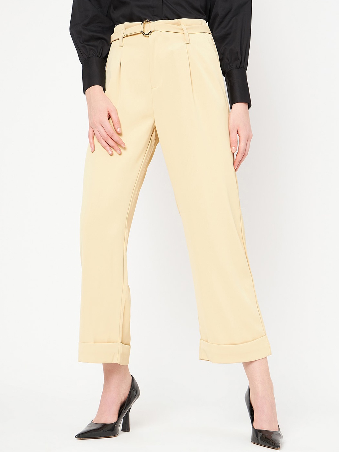

Madame Women Pleated Cotton Trousers, Cream