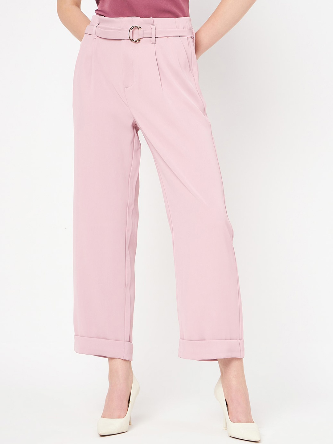 

Madame Women Pleated Cotton Parallel Trousers, Pink