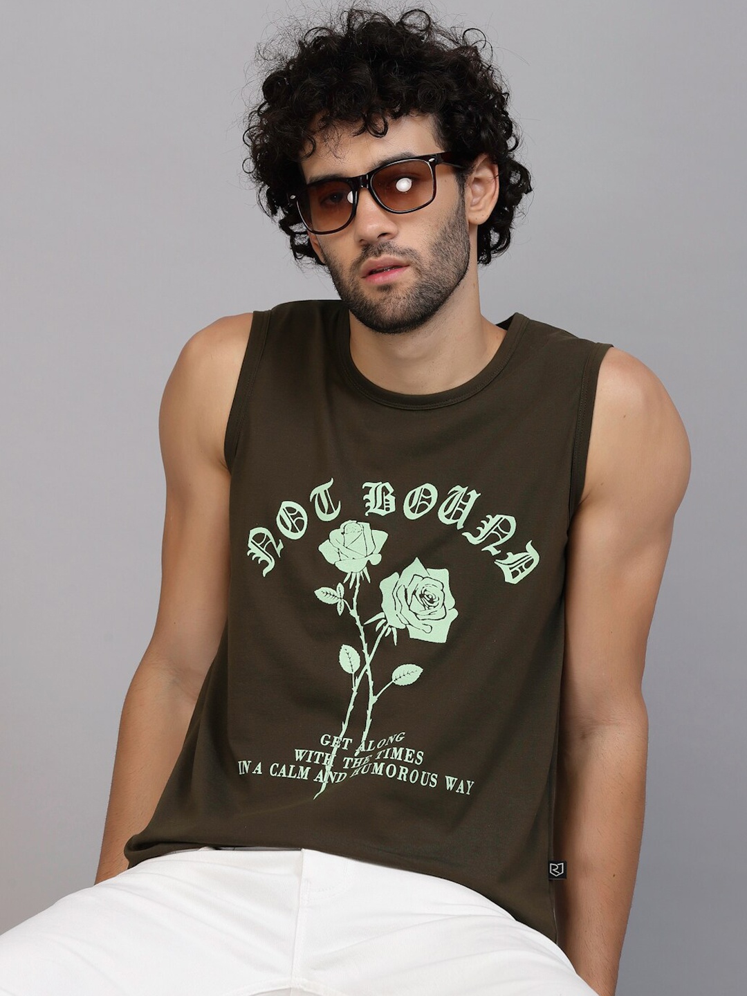 

Rigo Men Printed Cotton Slim-Fit Gym Vests, Green