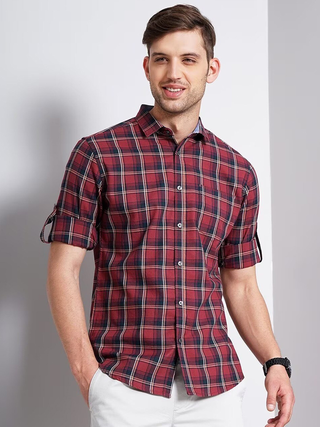 

British Club Smart Slim Fit Tartan Checked Cotton Casual Shirt, Red