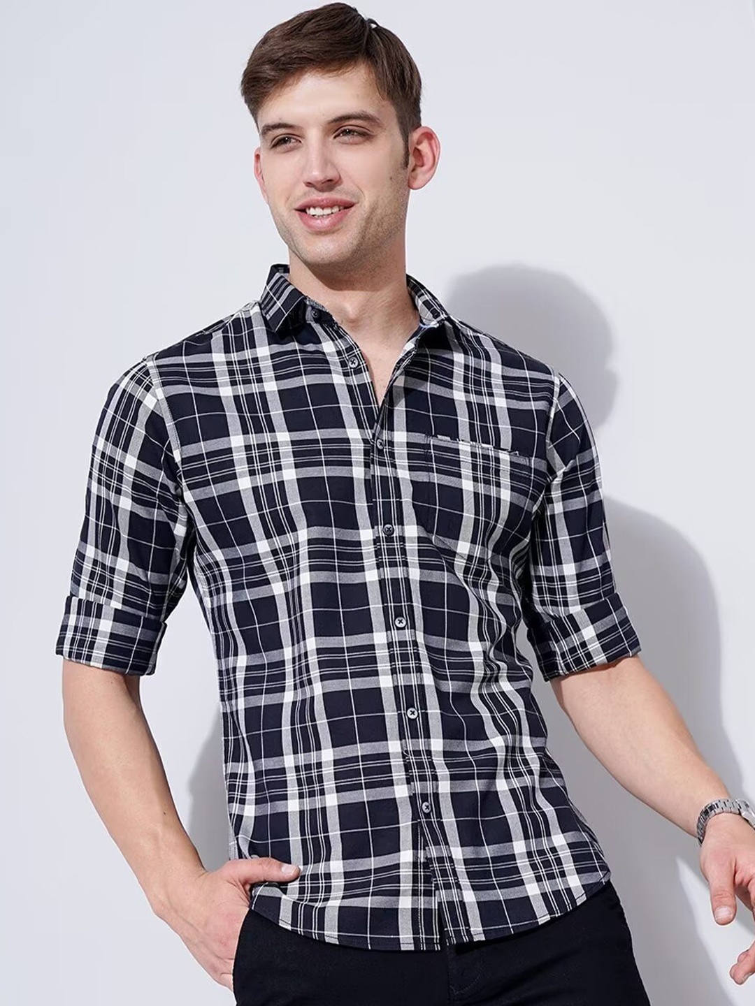 

British Club Smart Slim Fit Tartan Checked Cotton Casual Shirt, Black
