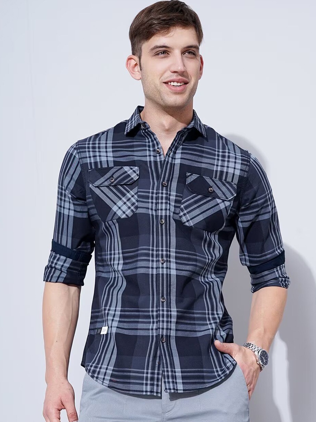 

British Club Smart Slim Fit Tartan Checked Cotton Casual Shirt, Navy blue