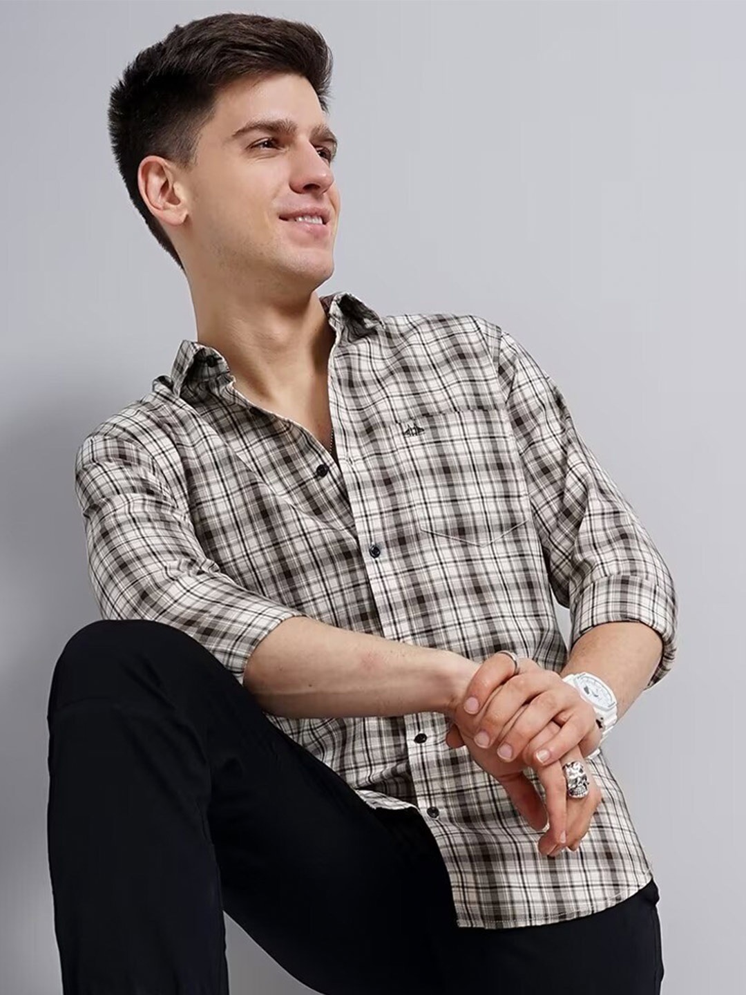 

British Club Smart Slim Fit Tartan Checked Cotton Casual Shirt, Off white
