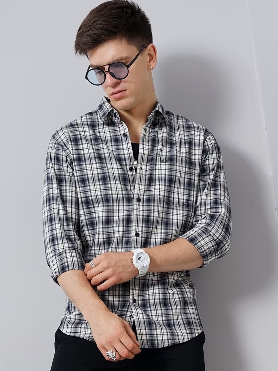 

British Club Smart Slim Fit Tartan Checked Cotton Casual Shirt, Grey
