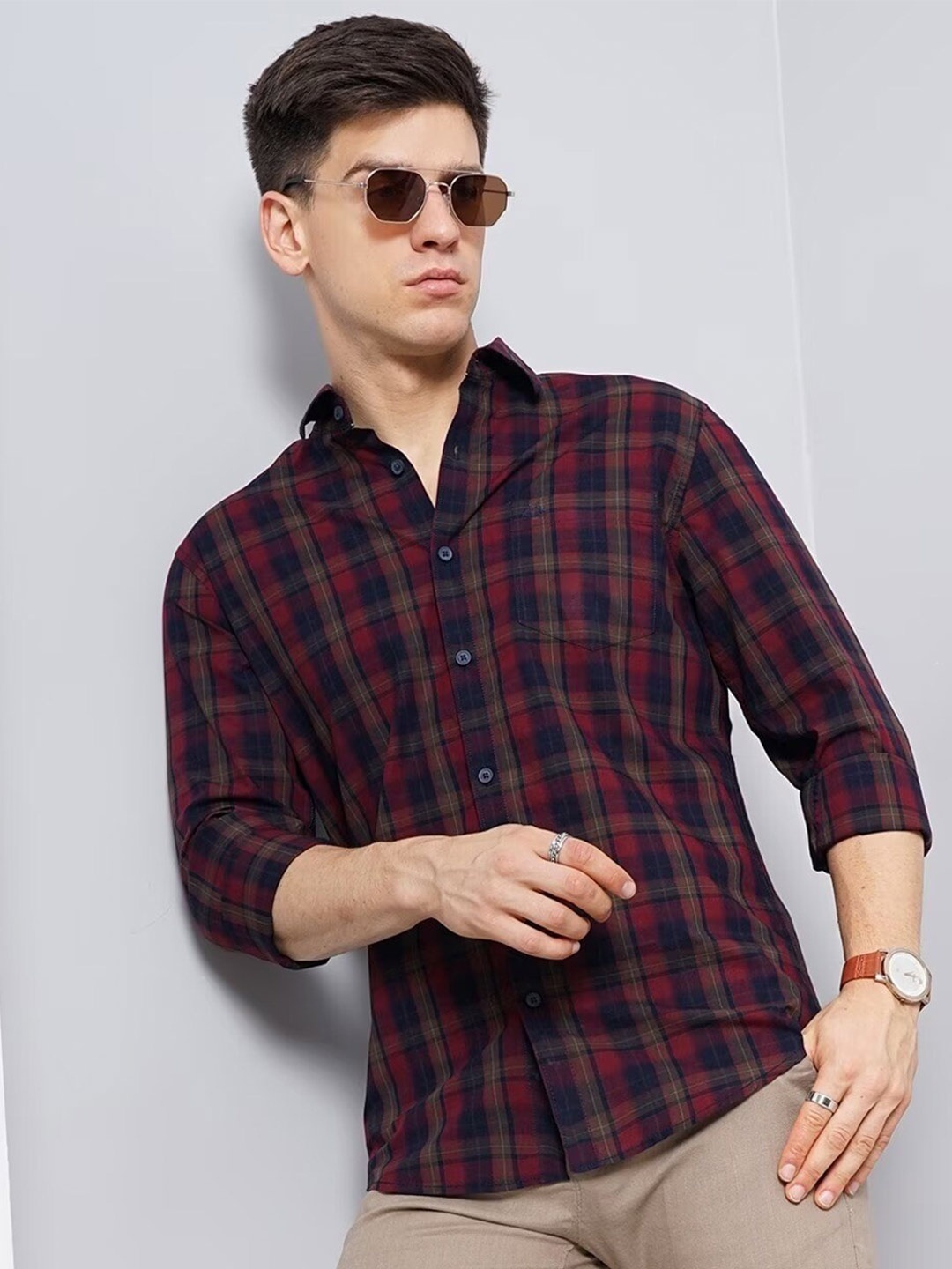 

British Club Smart Slim Fit Tartan Checked Checked Cotton Casual Shirt, Maroon