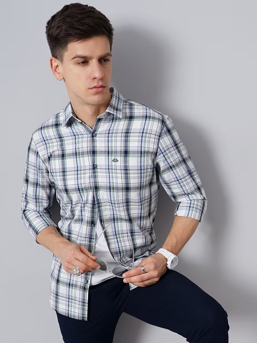 

British Club Smart Slim Fit Tartan Checks Checked Cotton Casual Shirt, Green