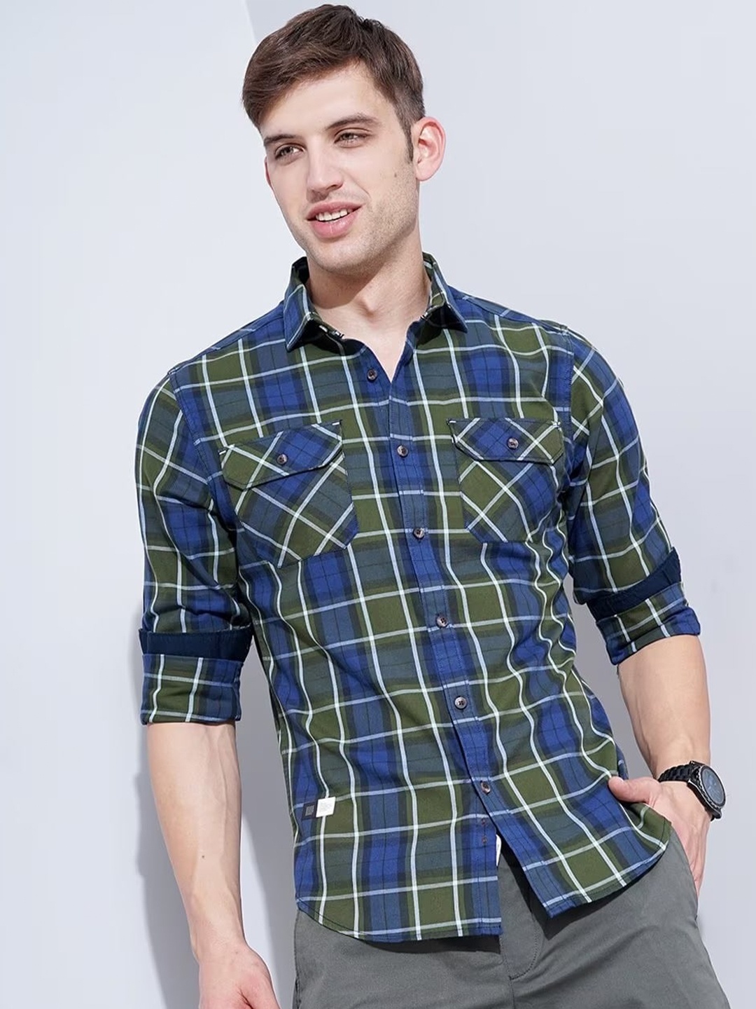 

British Club Smart Slim Fit Tartan Checked Casual Cotton Shirt, Green