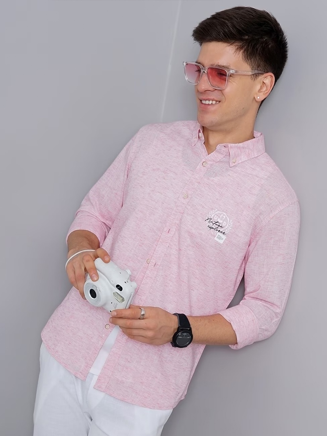 

British Club Smart Slim Fit Floral Printed Cotton Casual Shirt, Pink