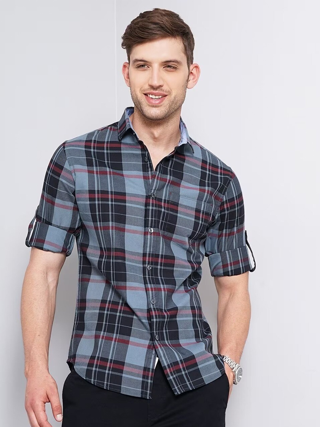 

British Club Smart Slim Fit Tartan Checked Cotton Casual Shirt, Grey