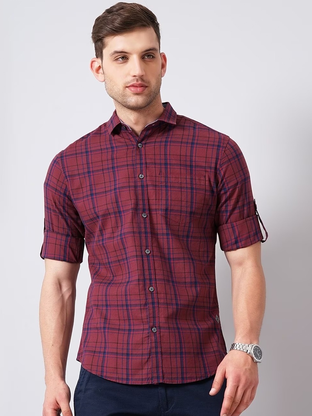 

British Club Smart Slim Fit Tartan Checked Cotton Casual Shirt, Red