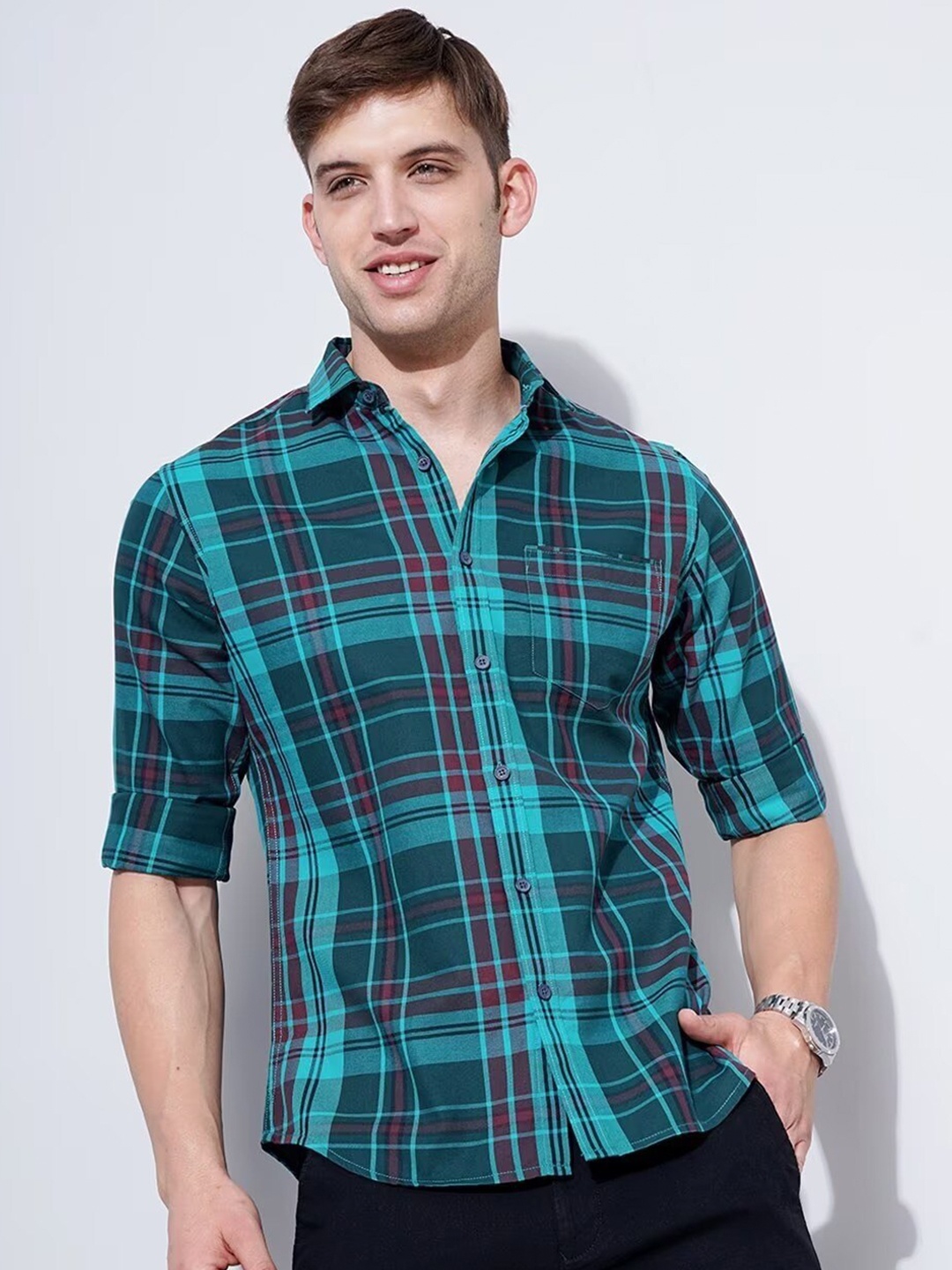 

British Club Smart Slim Fit Opaque Checked Cotton Casual Shirt, Green