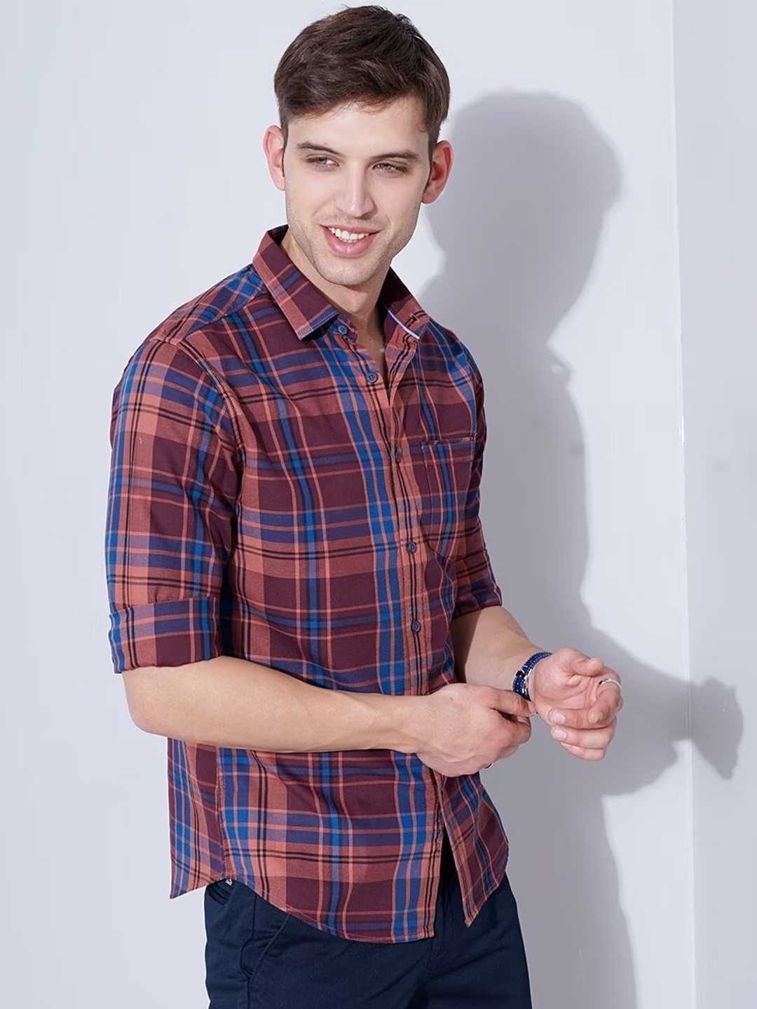 

British Club Smart Slim Fit Checked Cotton Casual Shirt, Orange