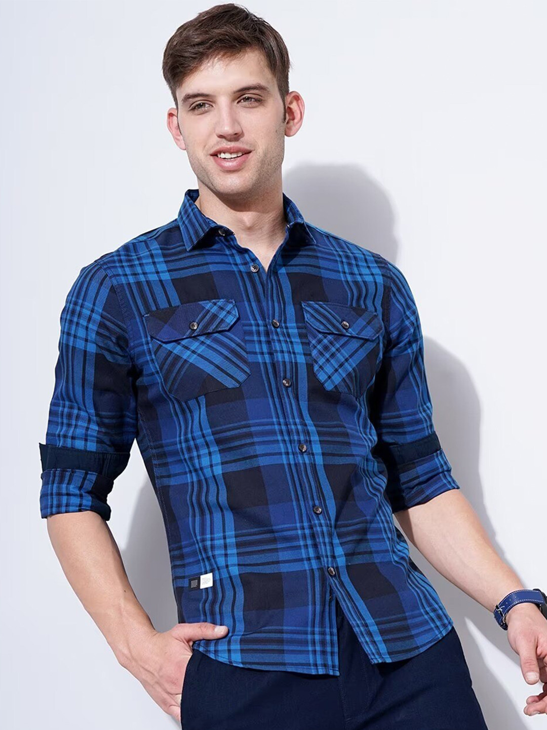 

British Club Smart Slim Fit Opaque Checked Cotton Casual Shirt, Blue