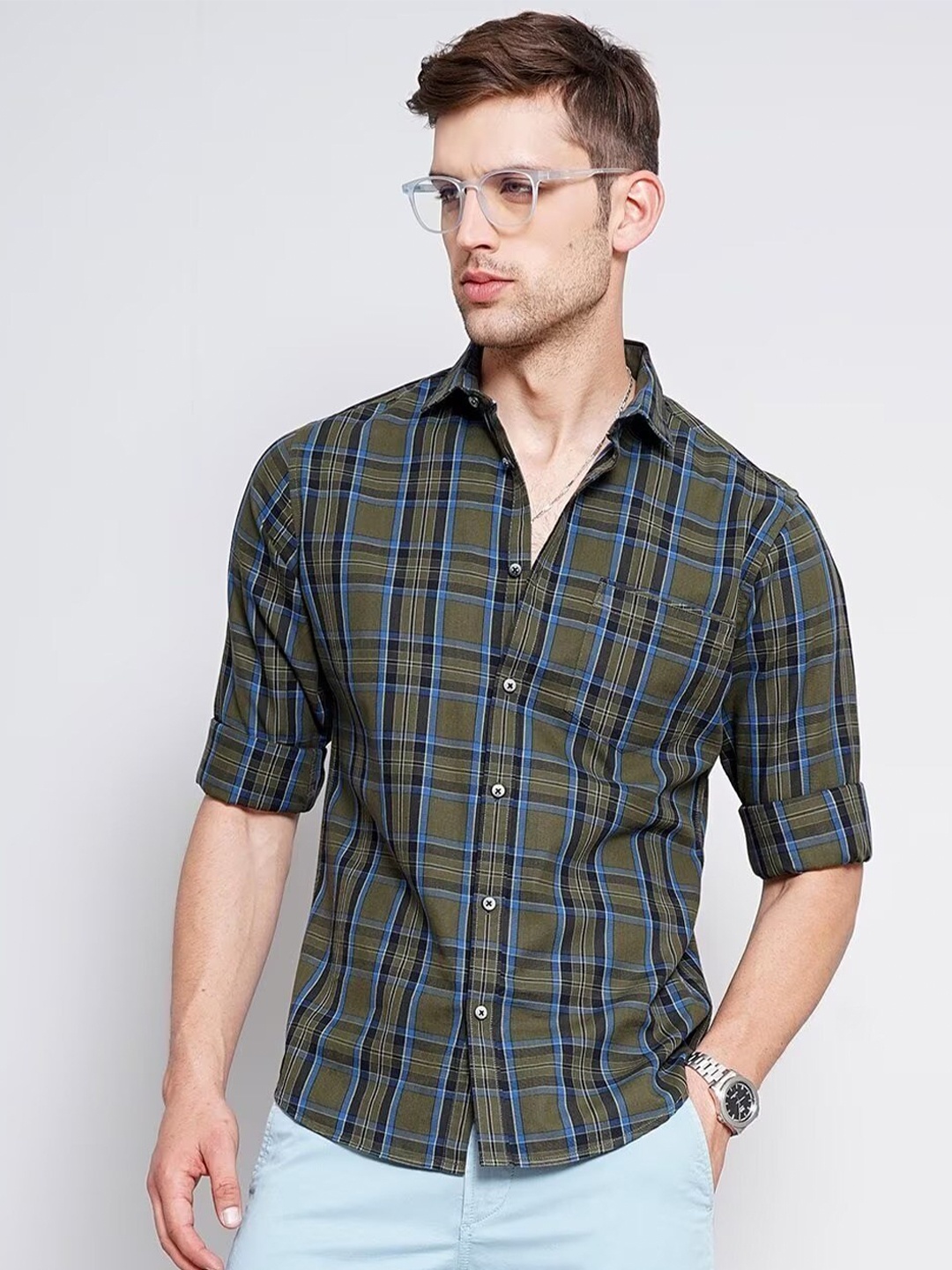 

British Club Smart Slim Fit Tartan Checked Cotton Casual Shirt, Olive