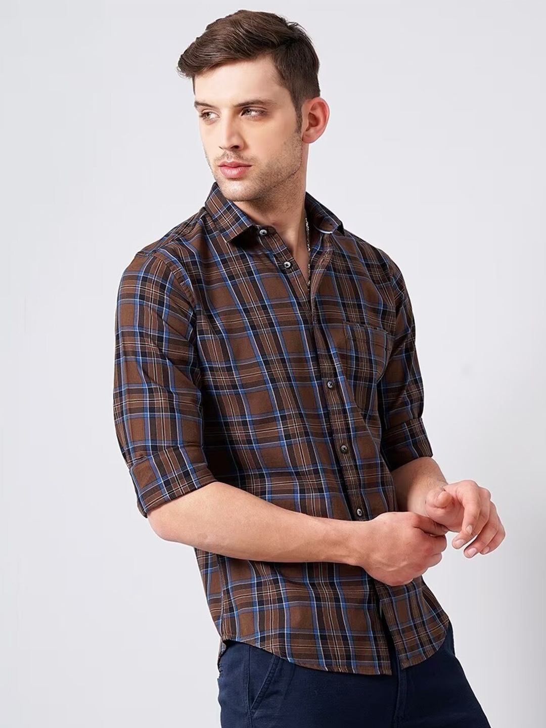 

British Club Smart Slim Fit Checked Cotton Casual Shirt, Brown