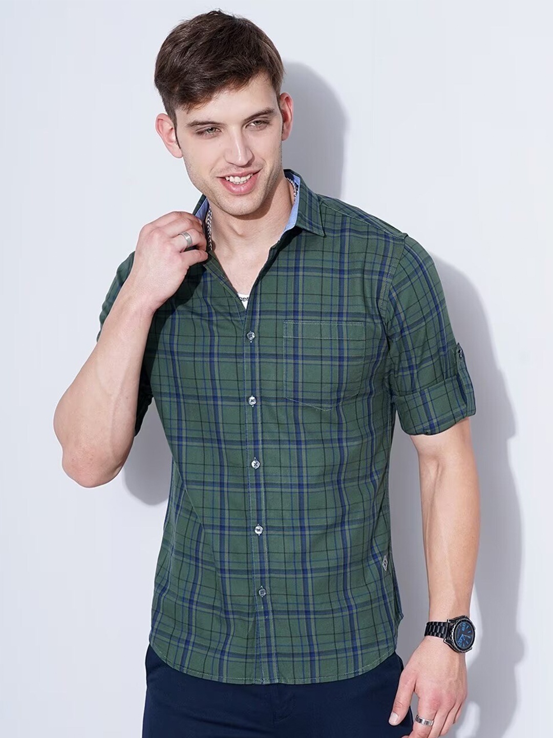 

British Club Smart Slim Fit Tartan Checked Casual Shirt, Olive
