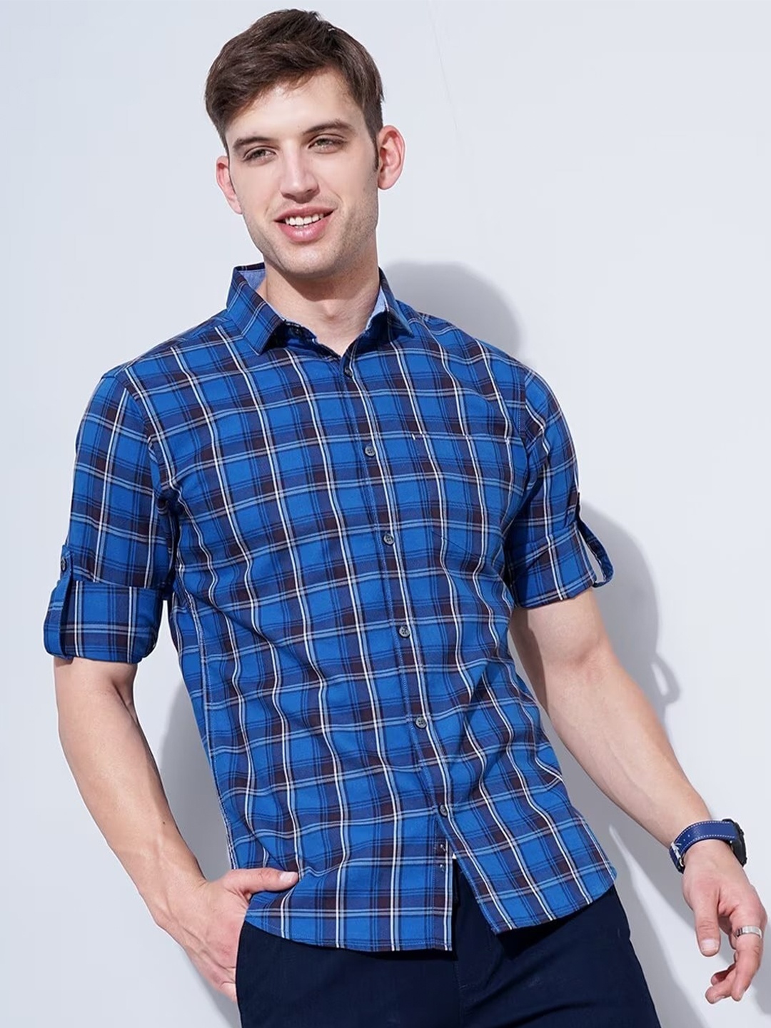

British Club Smart Slim Fit Checked Cotton Casual Shirt, Blue