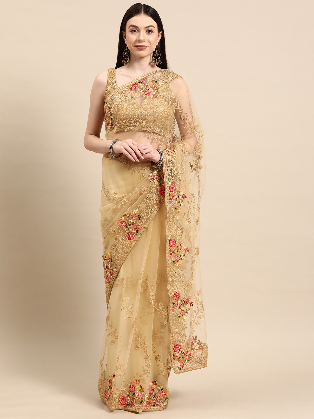 

Libas Floral Embroidered Net Heavy Work Saree, Beige