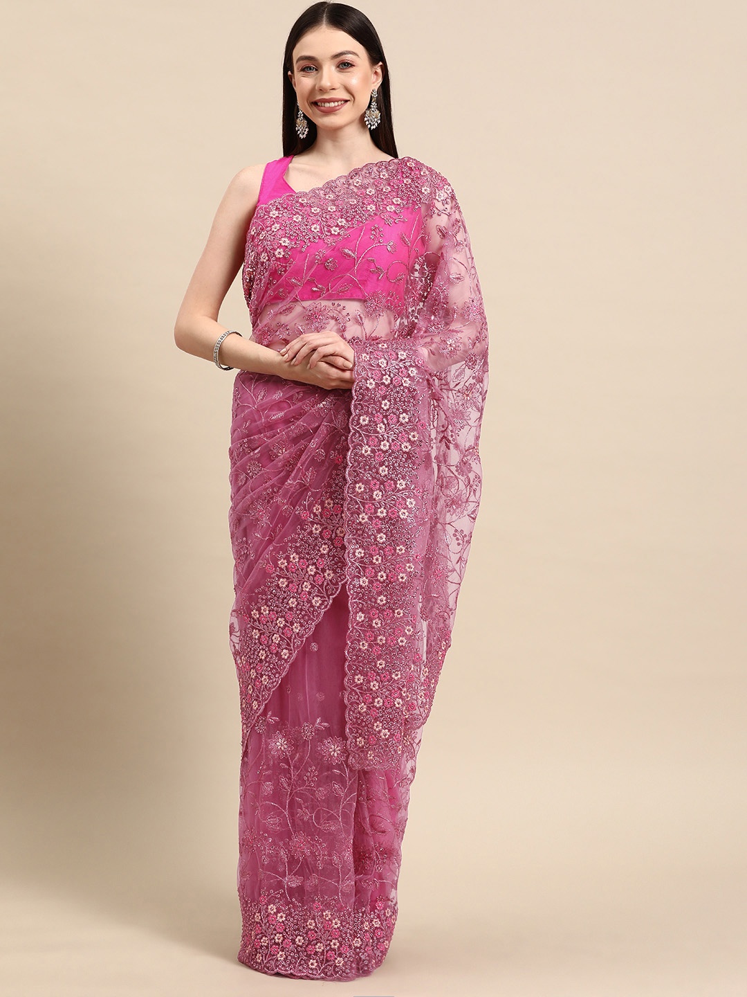 

Libas Floral Embroidered Net Heavy Work Saree, Pink