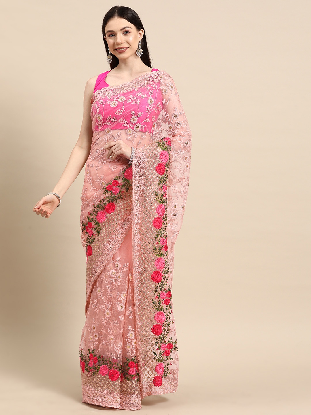 

Libas Floral Embroidered Net Heavy Work Saree, Peach