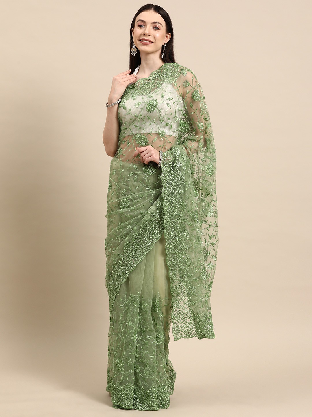 

Libas Floral Embroidered Net Heavy Work Saree, Green