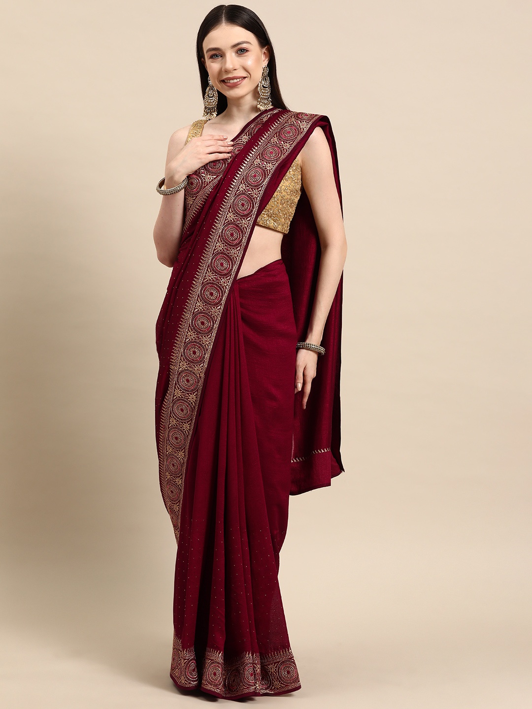 

Libas Embellished Embroidered Saree, Burgundy