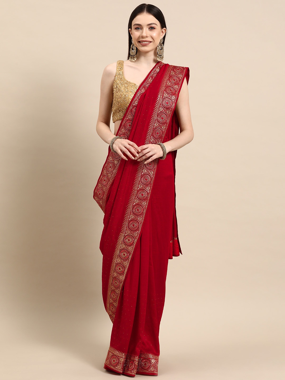 

Libas Embellished Embroidered Saree, Red