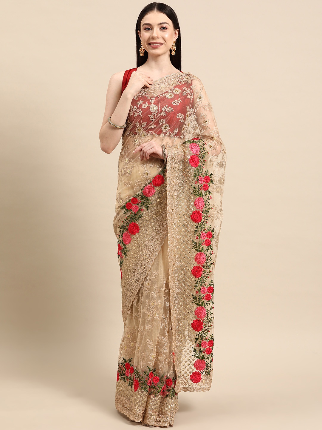 

Libas Floral Sequinned Net Heavy Work Saree, Beige