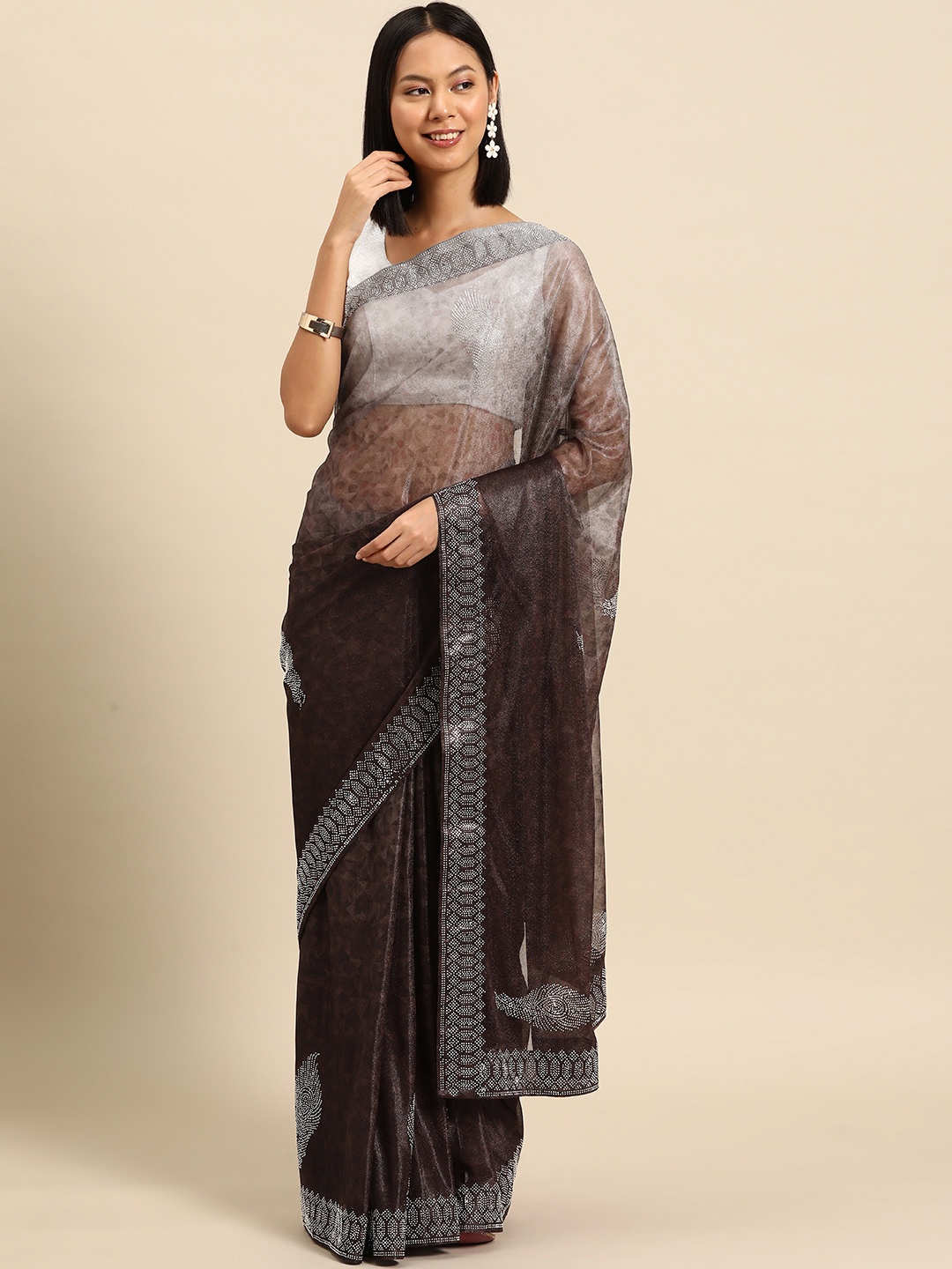 

Libas Embellished Mukaish Saree, Brown