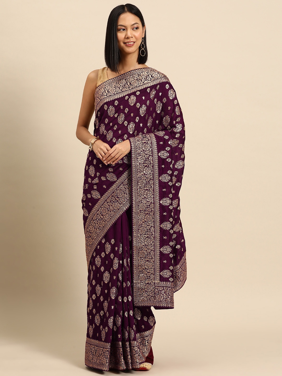 

Libas Ethnic Motifs Zari Silk Blend Saree, Purple