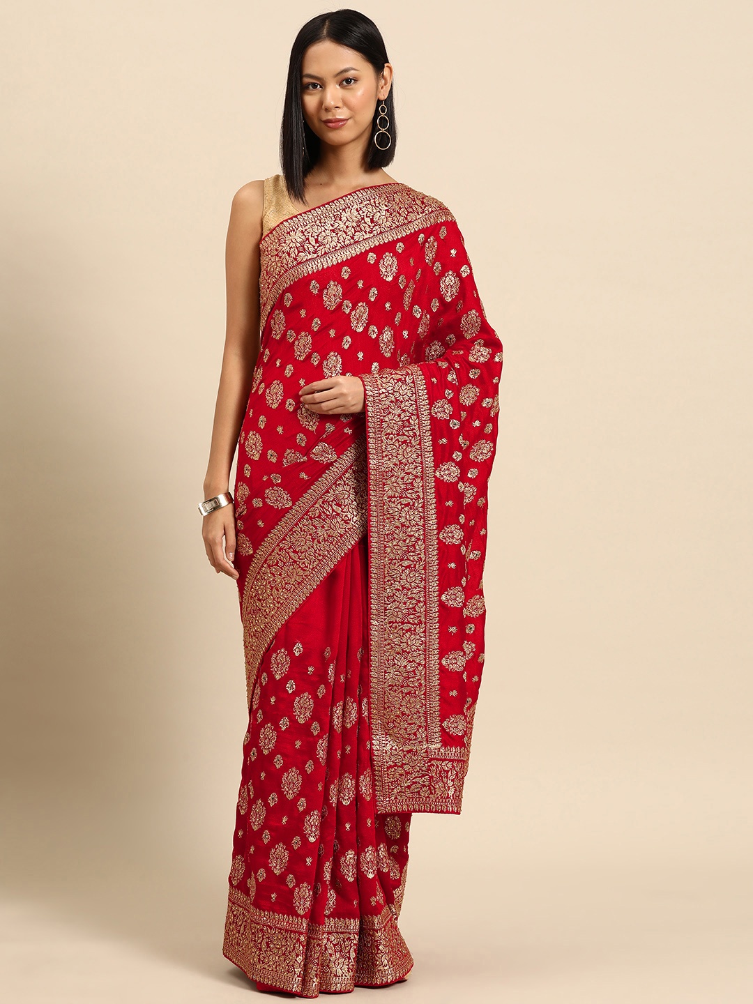 

Libas Floral Zari Silk Blend Saree, Red