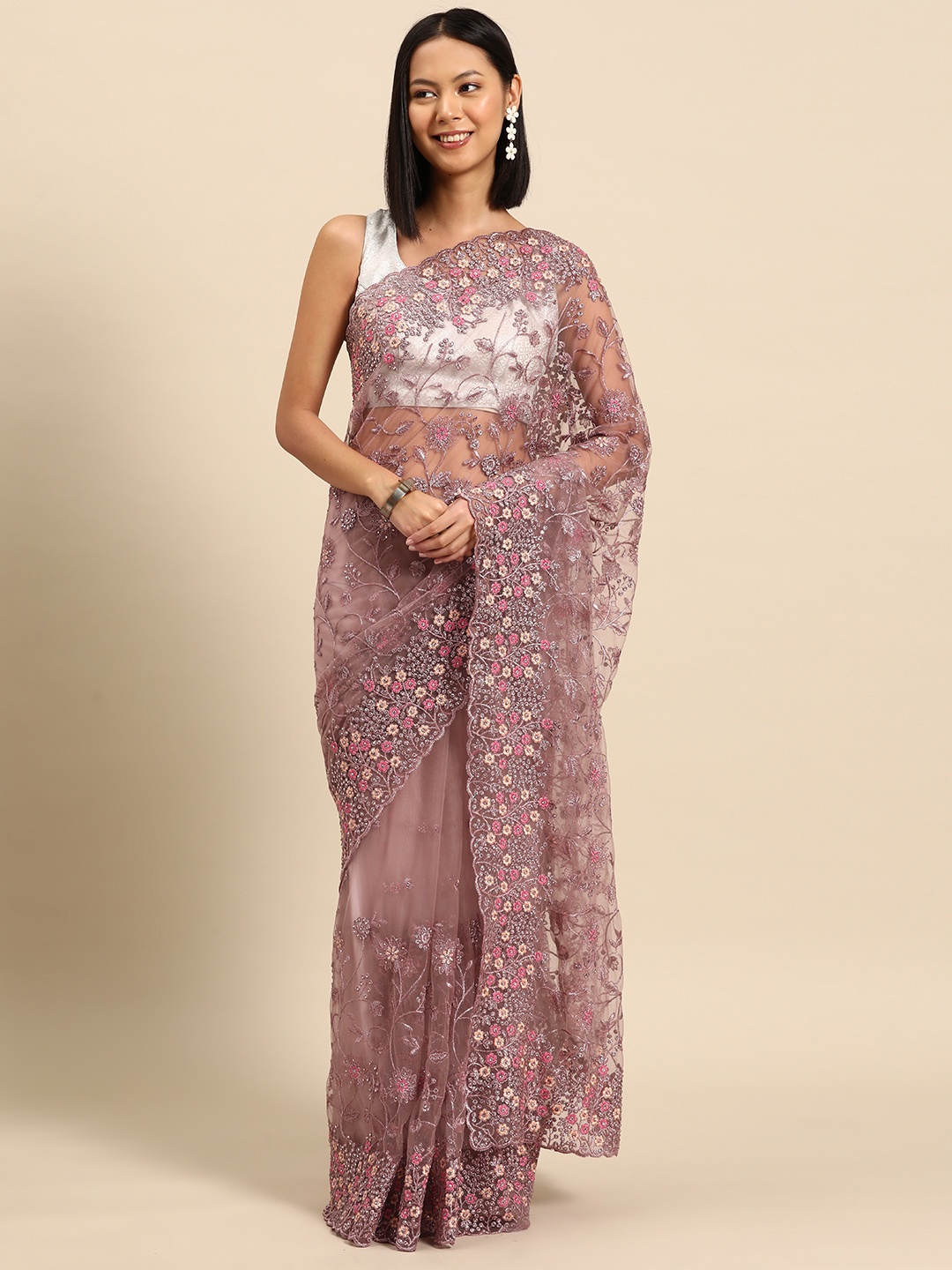 

Libas Floral Embroidered Net Heavy Work Saree, Mauve