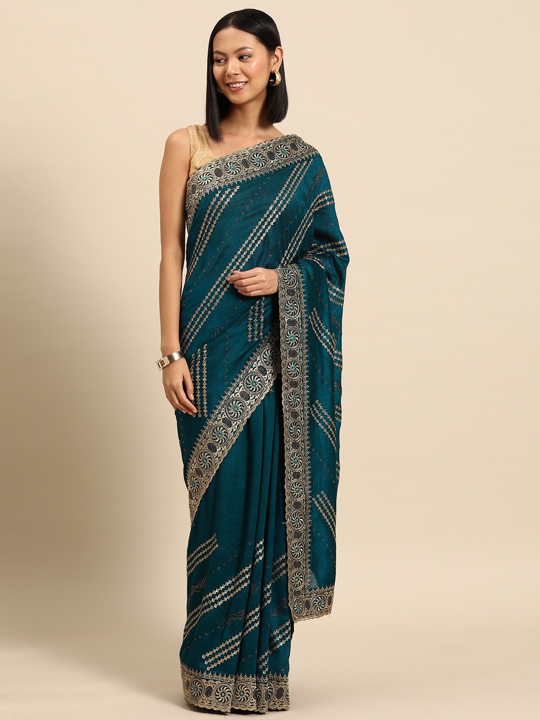 

Libas Embellished Mukaish Silk Blend Saree, Teal