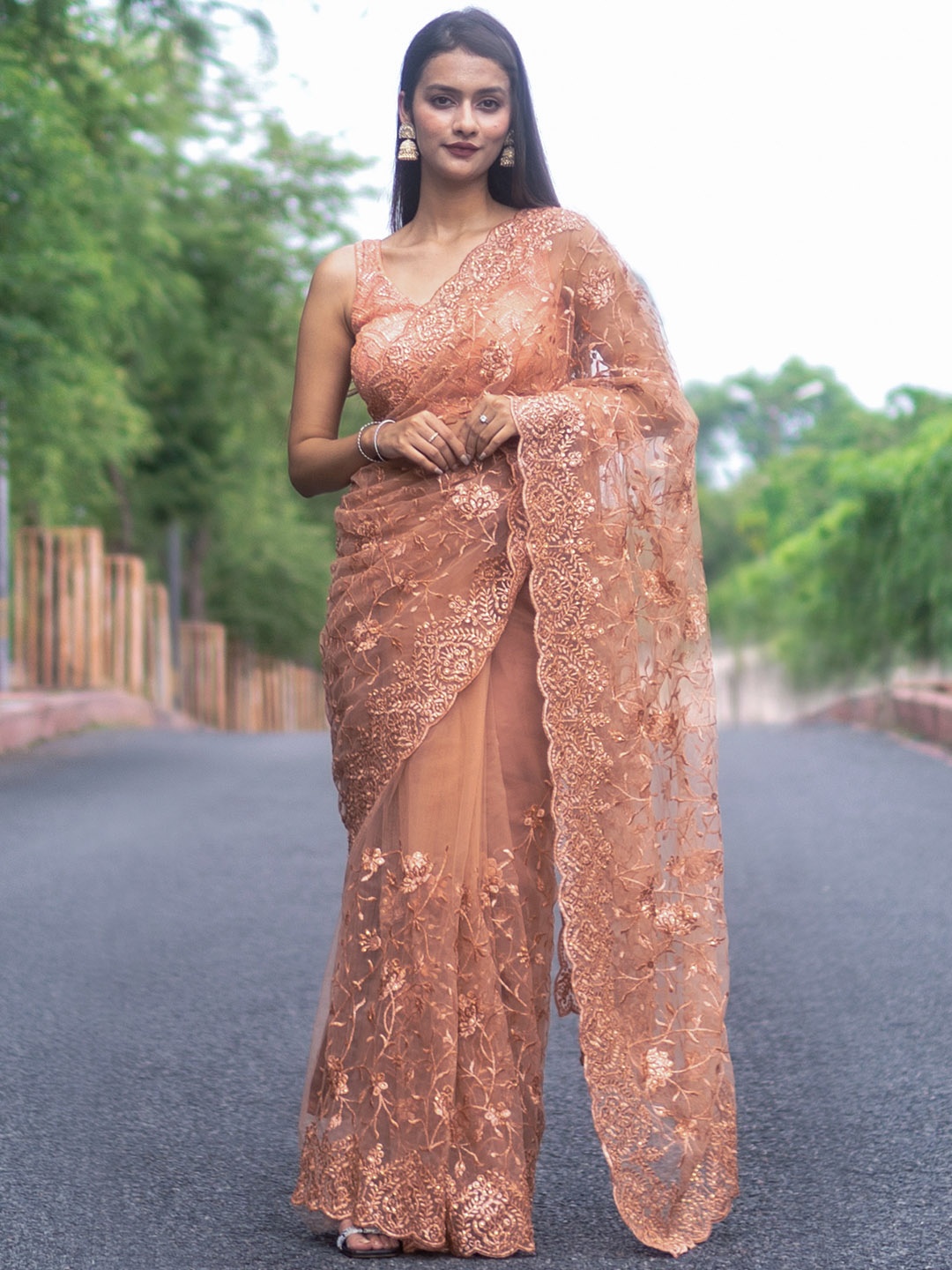 

Libas Floral Embroidered Net Heavy Work Saree, Peach