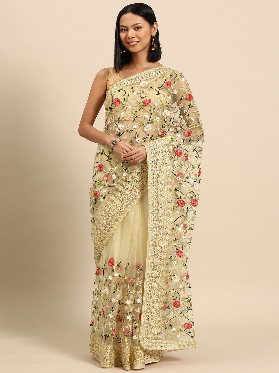 

Libas Floral Embroidered Net Heavy Work Saree, Beige