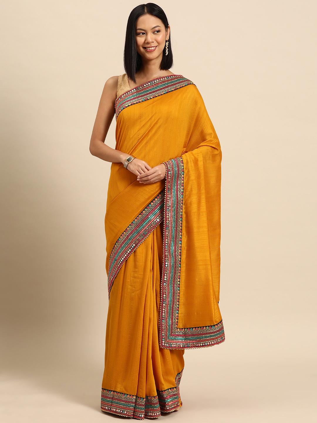 

Libas Solid Embroidered Silk Blend Saree, Yellow