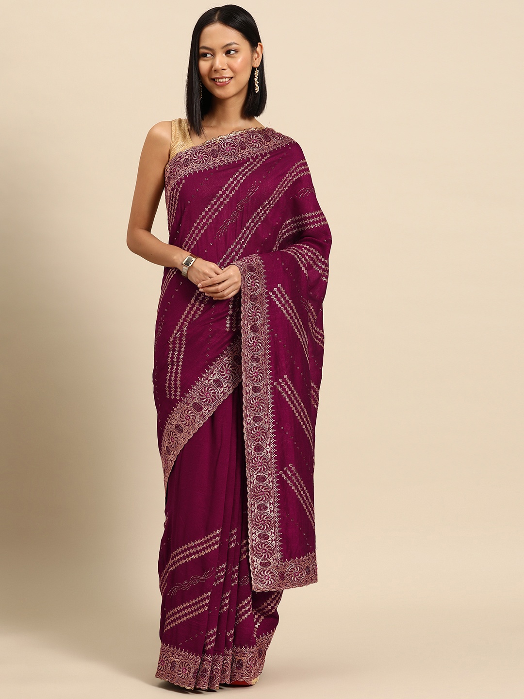 

Libas Embellished Mukaish Silk Blend Saree, Fuchsia