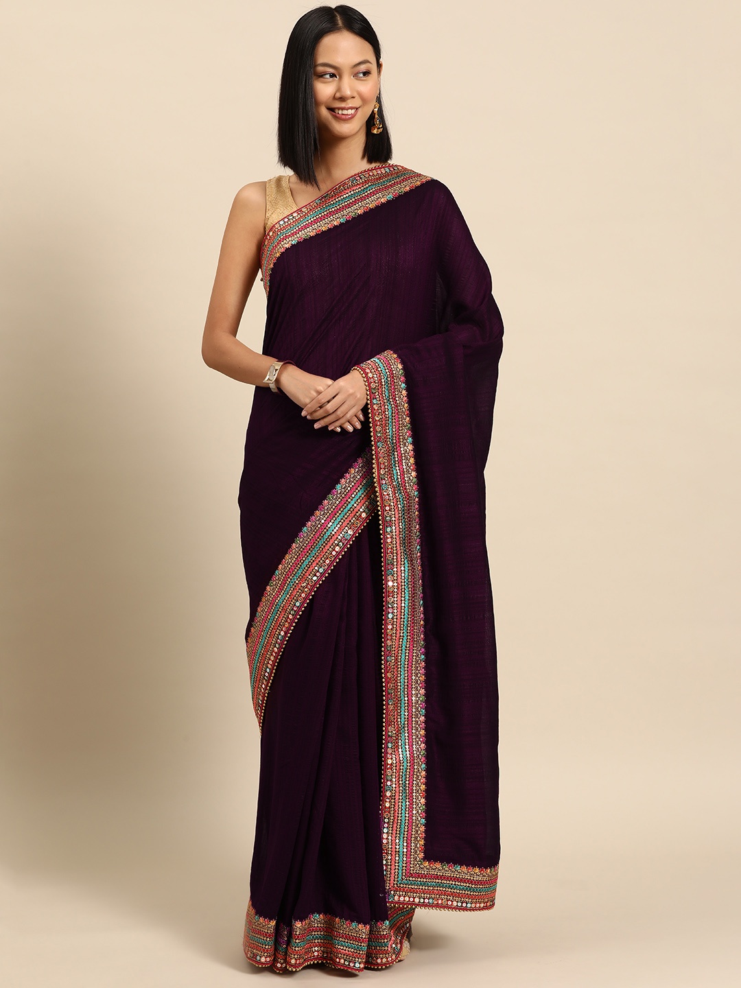 

Libas Embroidered Silk Blend Saree, Burgundy