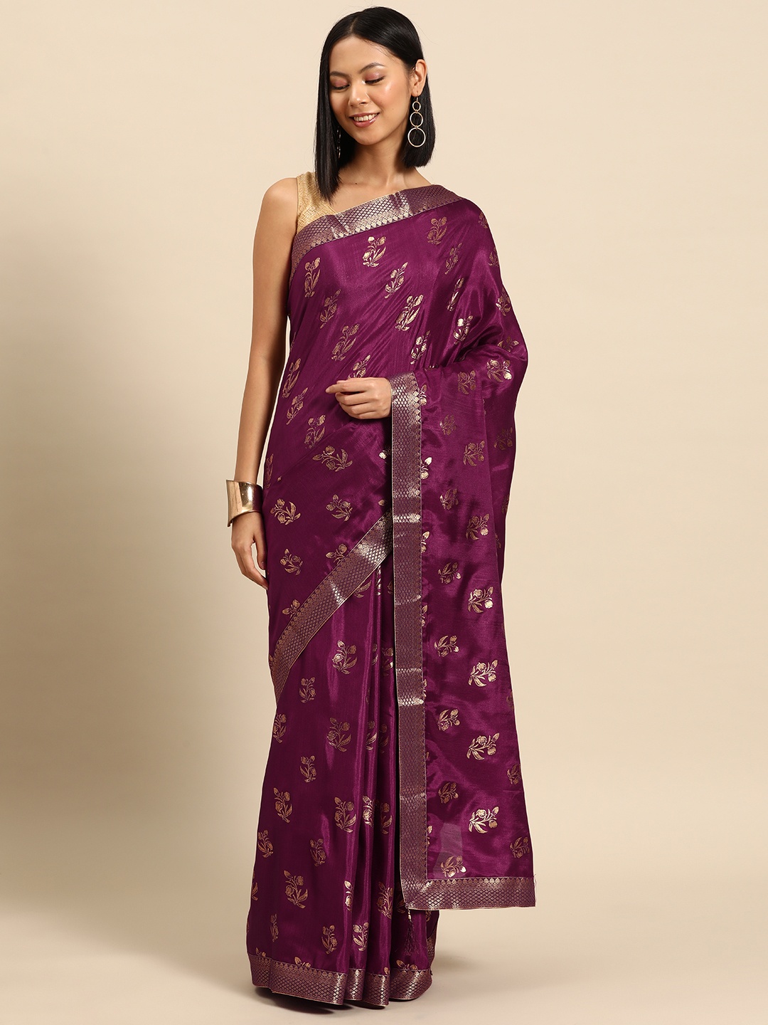 

Libas Floral Printed Silk Blend Saree, Purple