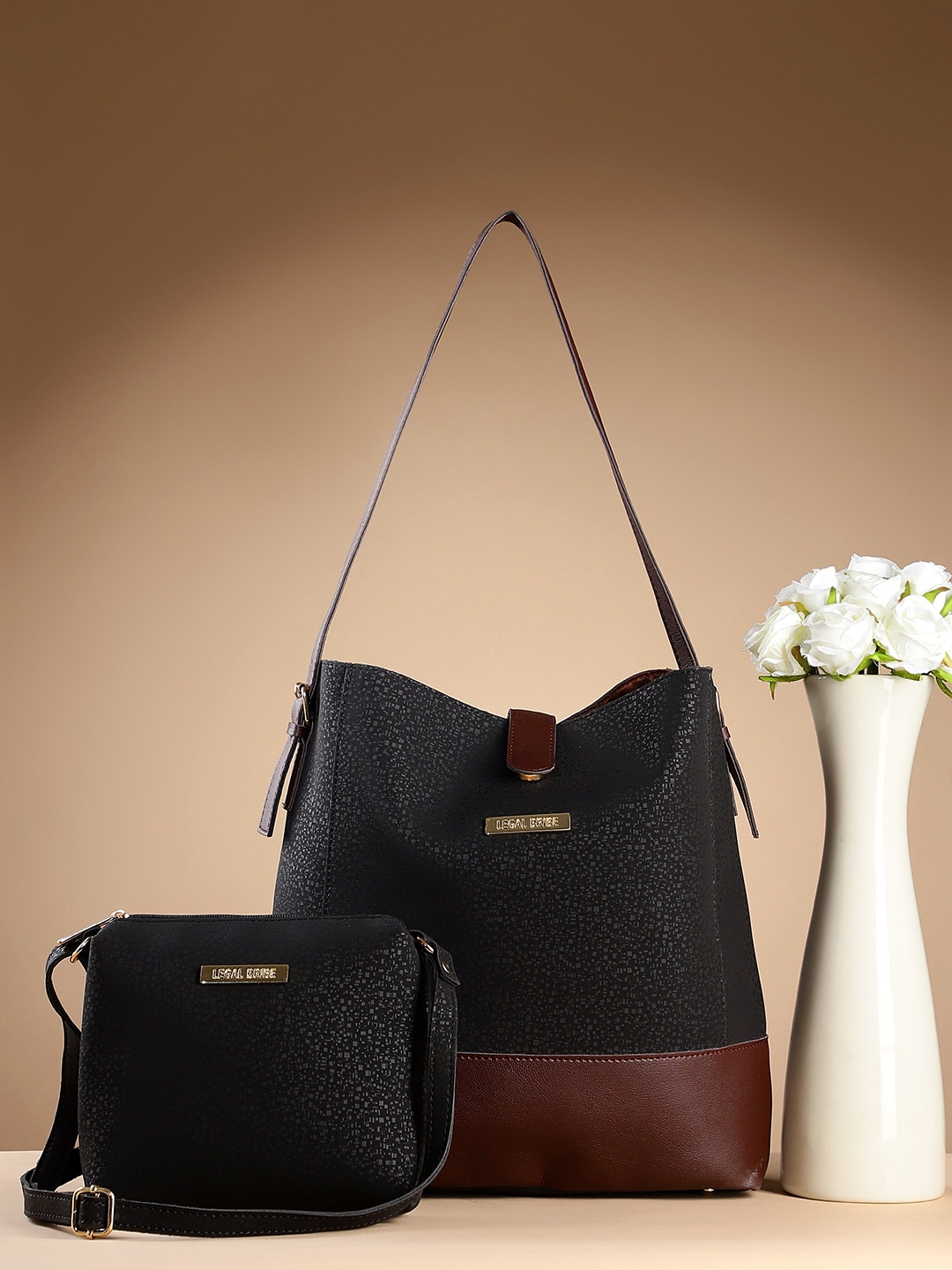 

LEGAL BRIBE Pack Of 2 Textured Structured Shoulder Bag, Black